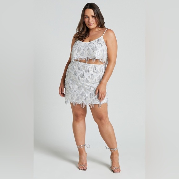 Showpo. Khrizza white silver sequin diamond mesh party/ costume mini skirt 14 - Picture 9 of 12
